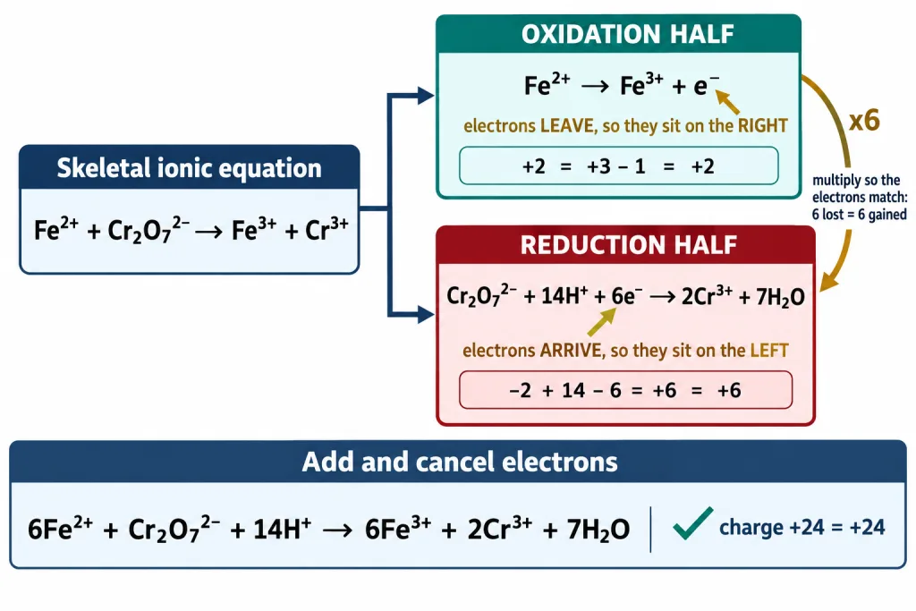 A redox equation split into oxidation and reduction halves with electrons bridging them