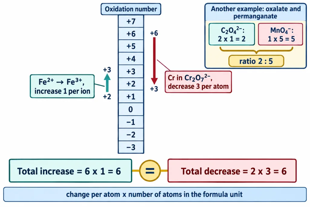 Oxidation number ladder matching total increase for iron against total decrease for chromium