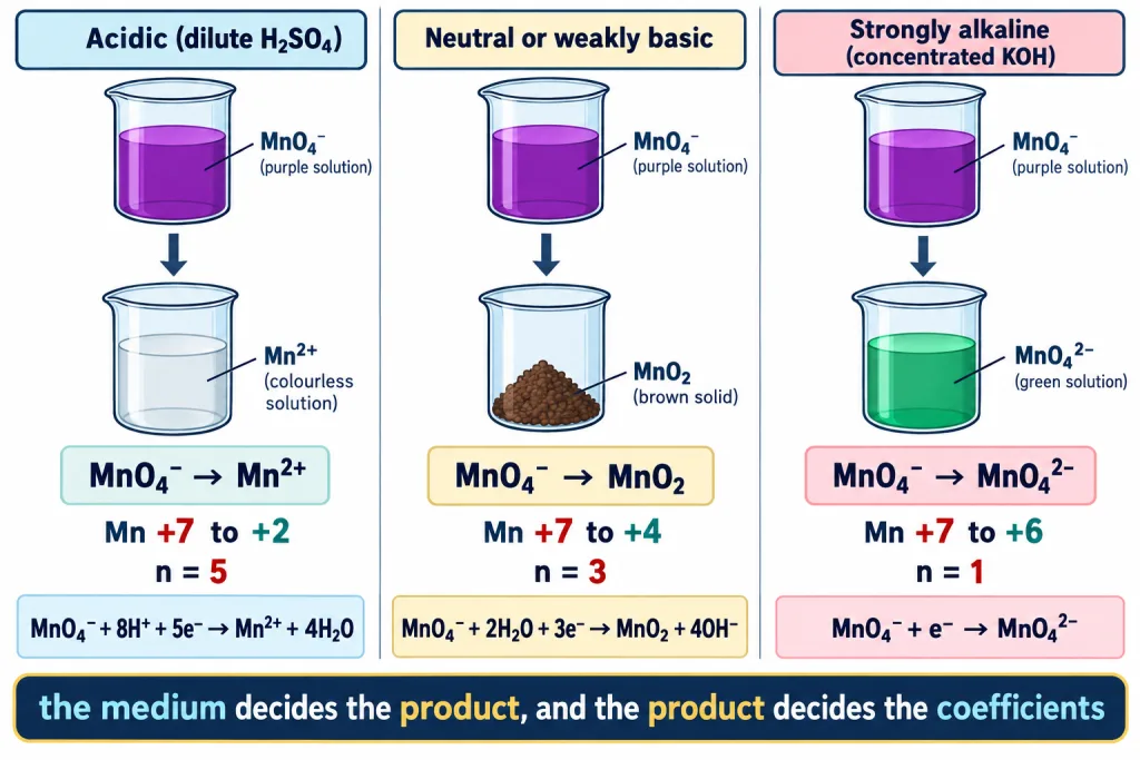 Permanganate reduced to three different products in acidic, neutral and strongly alkaline media