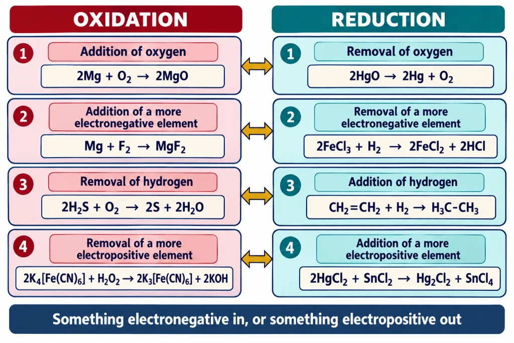 Four classical routes to oxidation with their mirror image routes to reduction