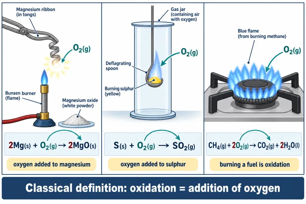 Magnesium ribbon burning in oxygen to give white magnesium oxide powder