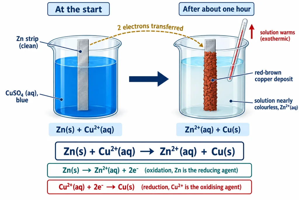 Zinc strip in copper sulphate showing fading blue colour and red-brown copper deposit