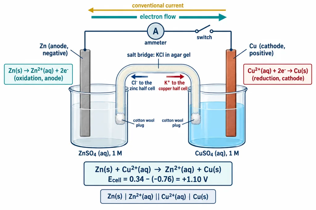 Daniell cell with zinc and copper half cells joined by salt bridge