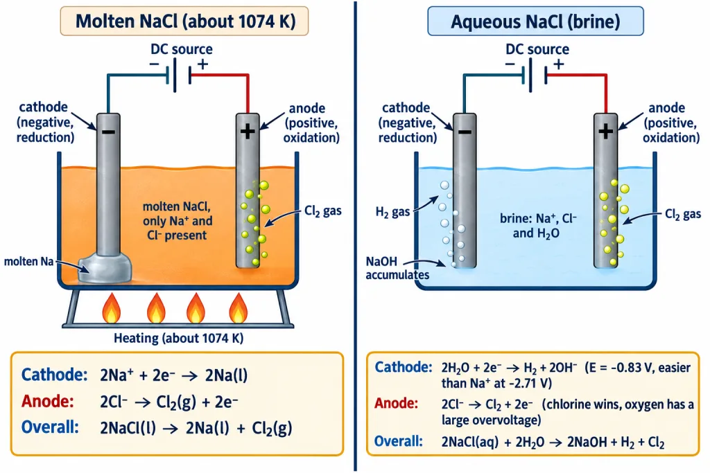 Electrolysis of molten sodium chloride compared with brine showing different products at each electrode