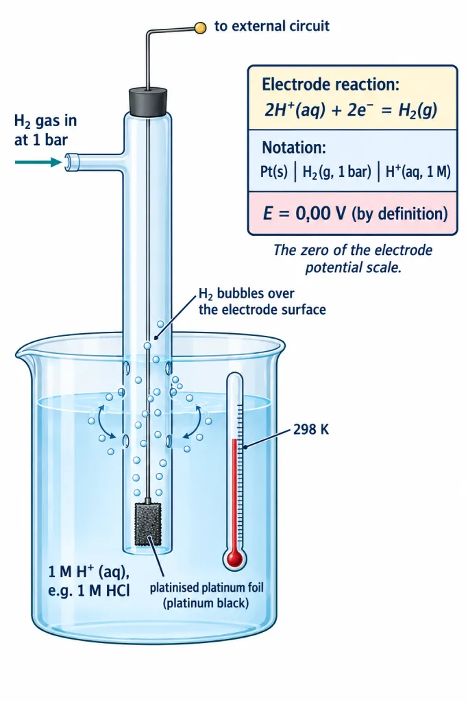 Standard hydrogen electrode with platinised platinum foil, hydrogen gas inlet and acid solution