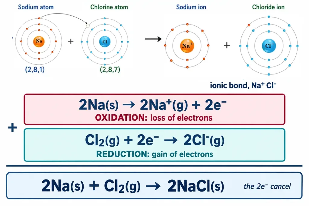 Sodium atom losing an electron to a chlorine atom with two half reactions summed