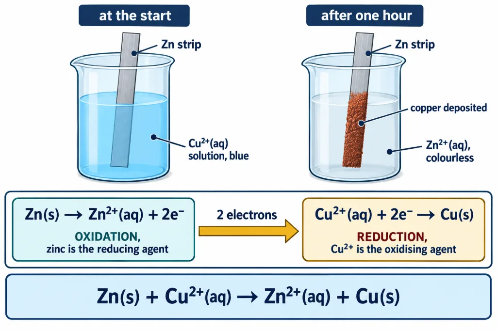 Zinc strip in blue copper solution with electrons flowing from zinc to copper ions