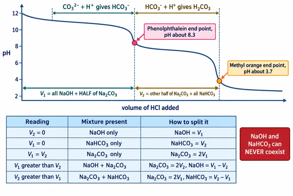Two indicator scheme for NaOH sodium carbonate and bicarbonate with V1 V2 rules