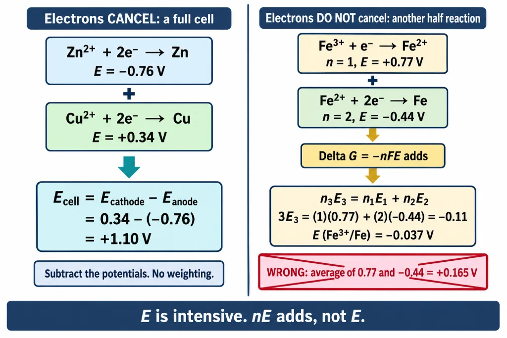 Combining two half reactions using free energy weighted by number of electrons