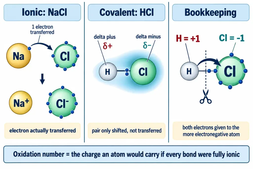 Shared pair in HCl assigned wholly to chlorine, giving plus one and minus one