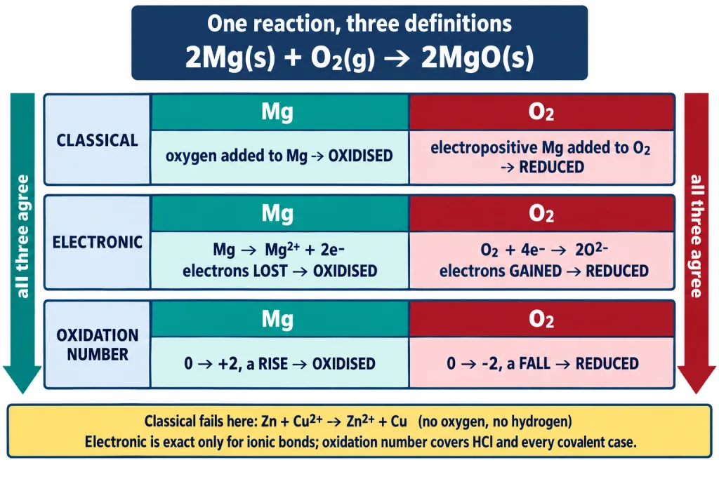 Three definitions of redox lined up on magnesium burning in oxygen