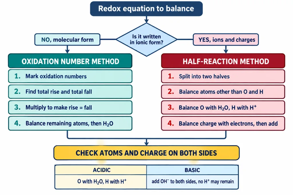 Decision flow choosing between the oxidation number method and the half reaction method