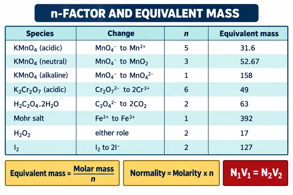 Summary chart of n-factors and equivalent masses for the common redox reagents