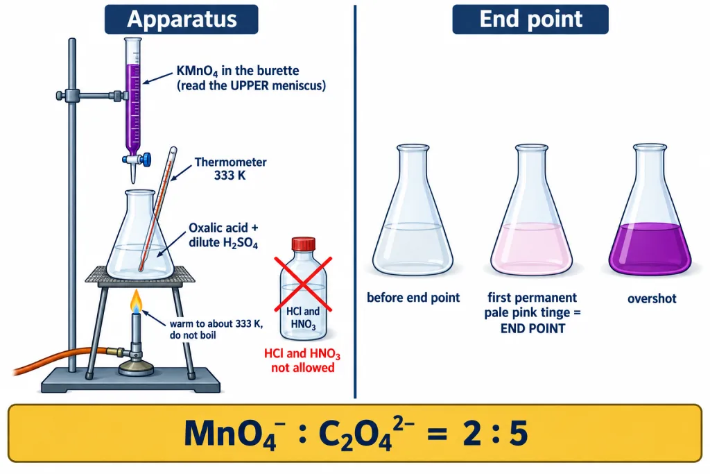 Permanganate burette over warm acidified oxalate flask showing first permanent pink tinge
