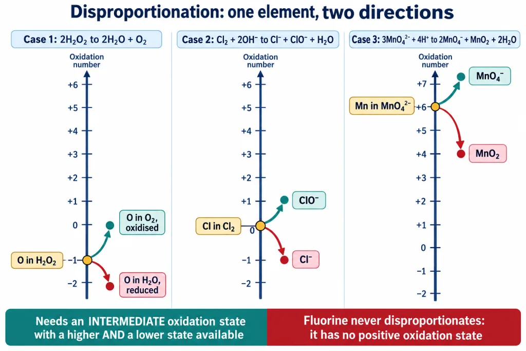 Oxidation number ladder showing one element splitting into a higher and a lower state
