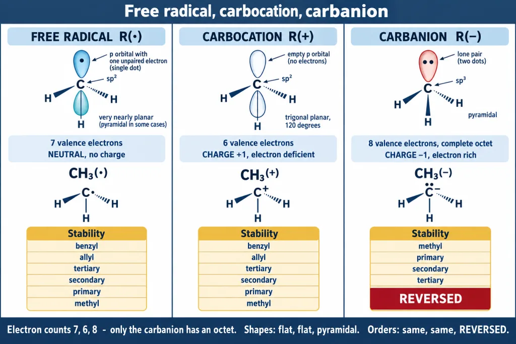 Free radical carbocation and carbanion compared by shape electron count and stability