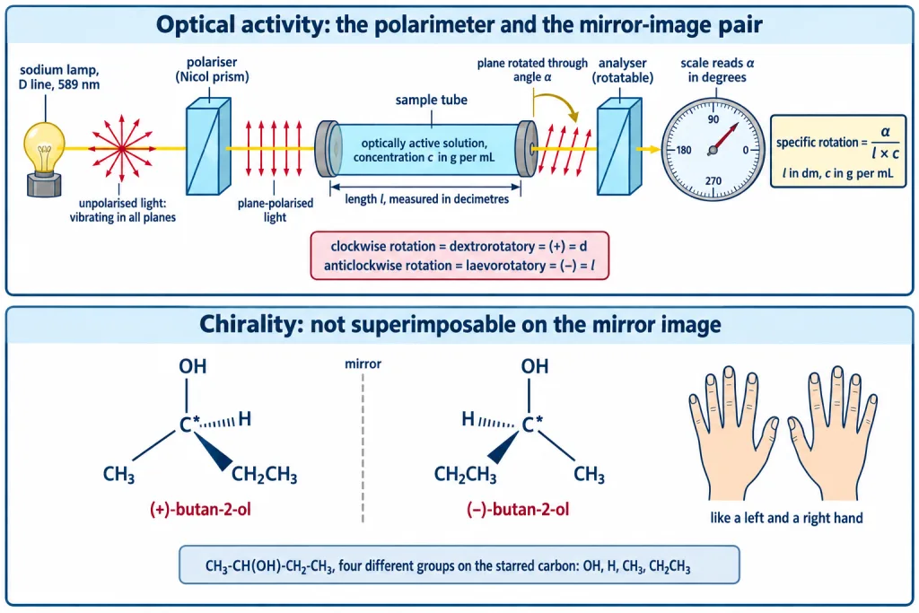 Polarimeter layout and the non-superimposable mirror image pair of butan-2-ol