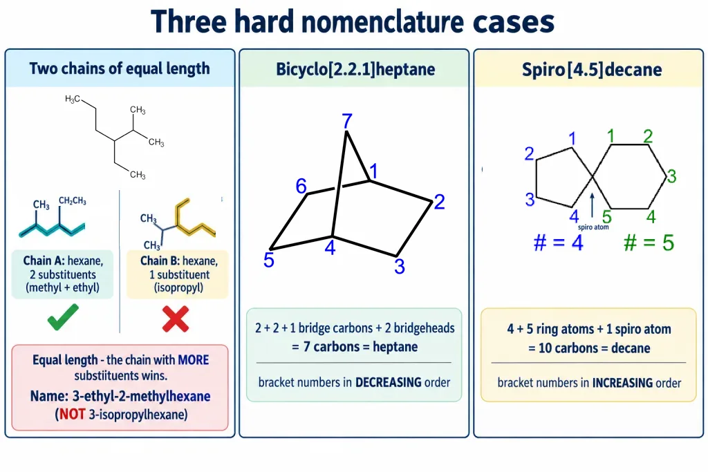 Competing parent chains bicyclo heptane and spiro decane numbering compared