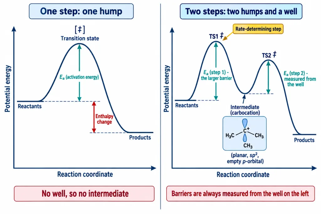 Energy profiles for one-step and two-step reactions with activation energy and intermediate