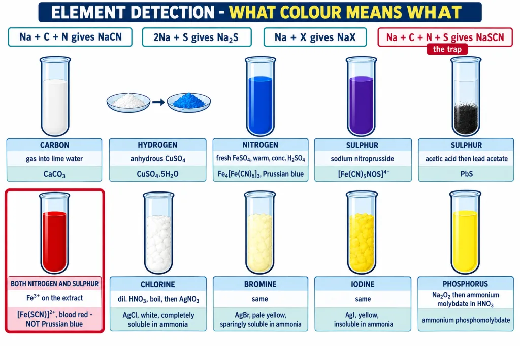 Colour chart of the element detection tests from the sodium fusion extract