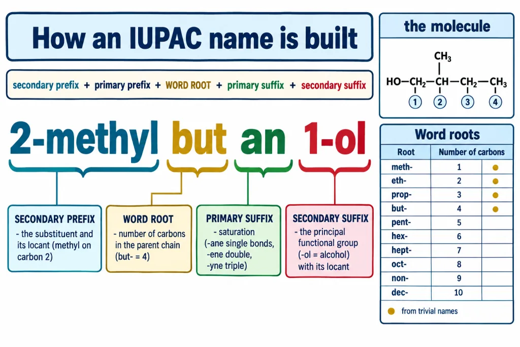 Anatomy of an IUPAC name showing prefix word root primary and secondary suffix