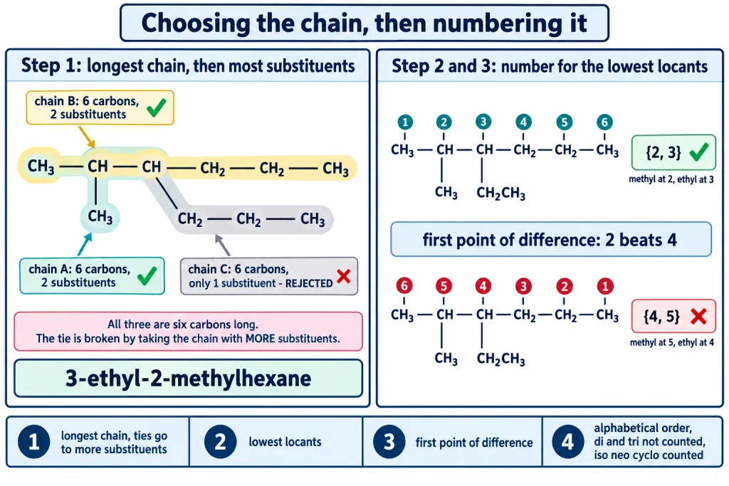 Choosing the parent chain and numbering it for lowest locants in branched alkanes