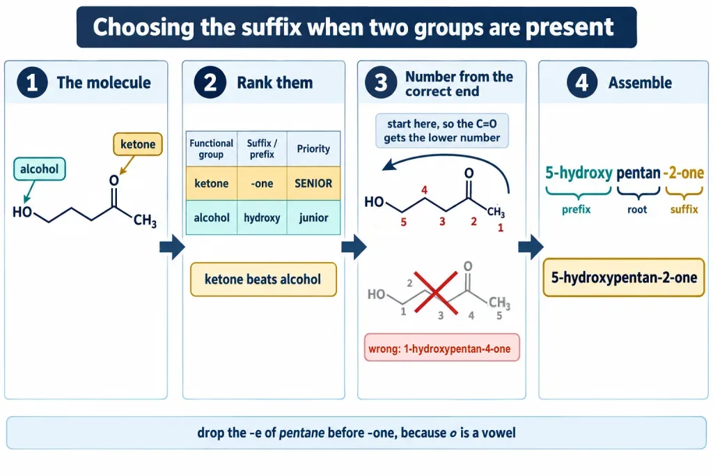 Step by step numbering of a hydroxy ketone to give 5-hydroxypentan-2-one