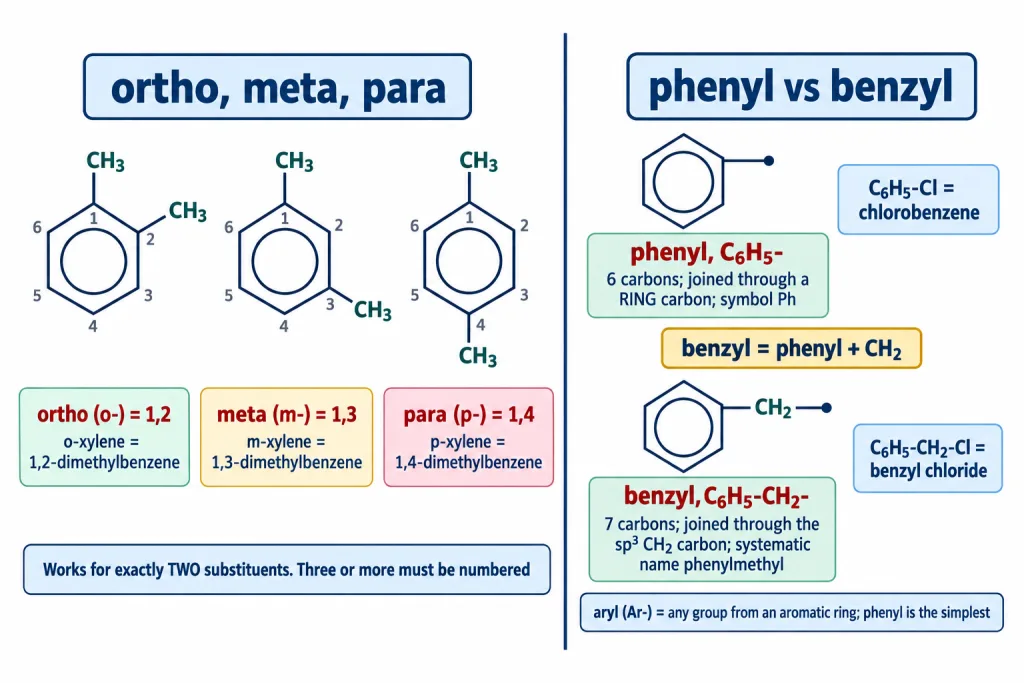 Ortho meta para positions with xylene isomers and the phenyl and benzyl groups
