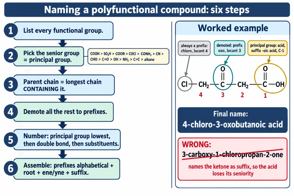 Six step procedure for naming a polyfunctional compound with a worked example