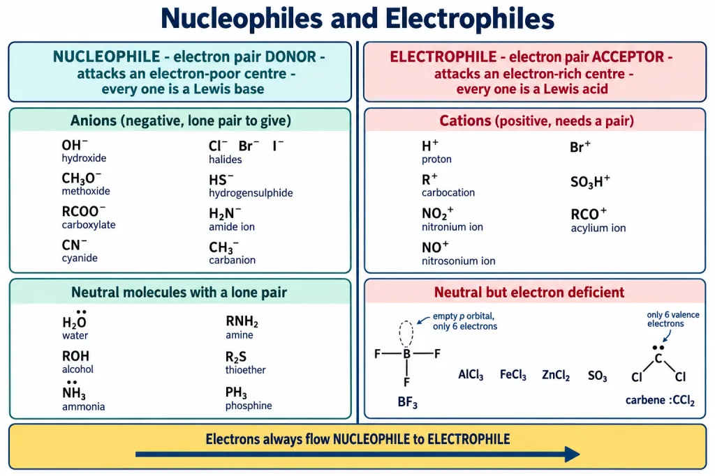 Chart of nucleophiles and electrophiles grouped as anions cations and neutral species