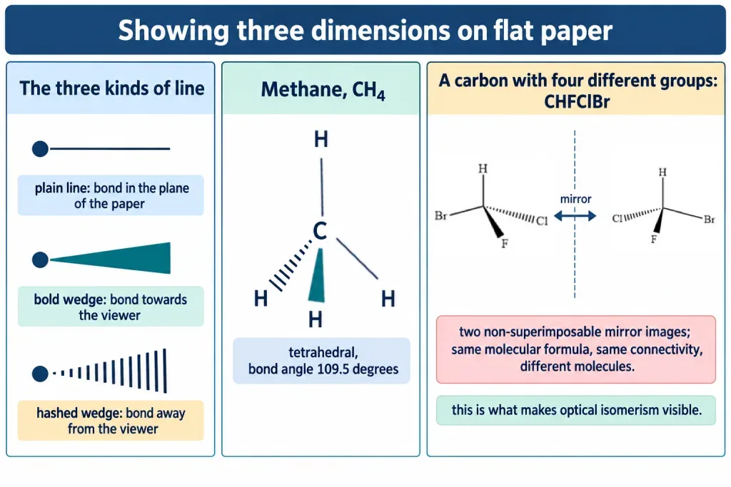 Wedge and dash convention showing methane and a carbon with four different groups