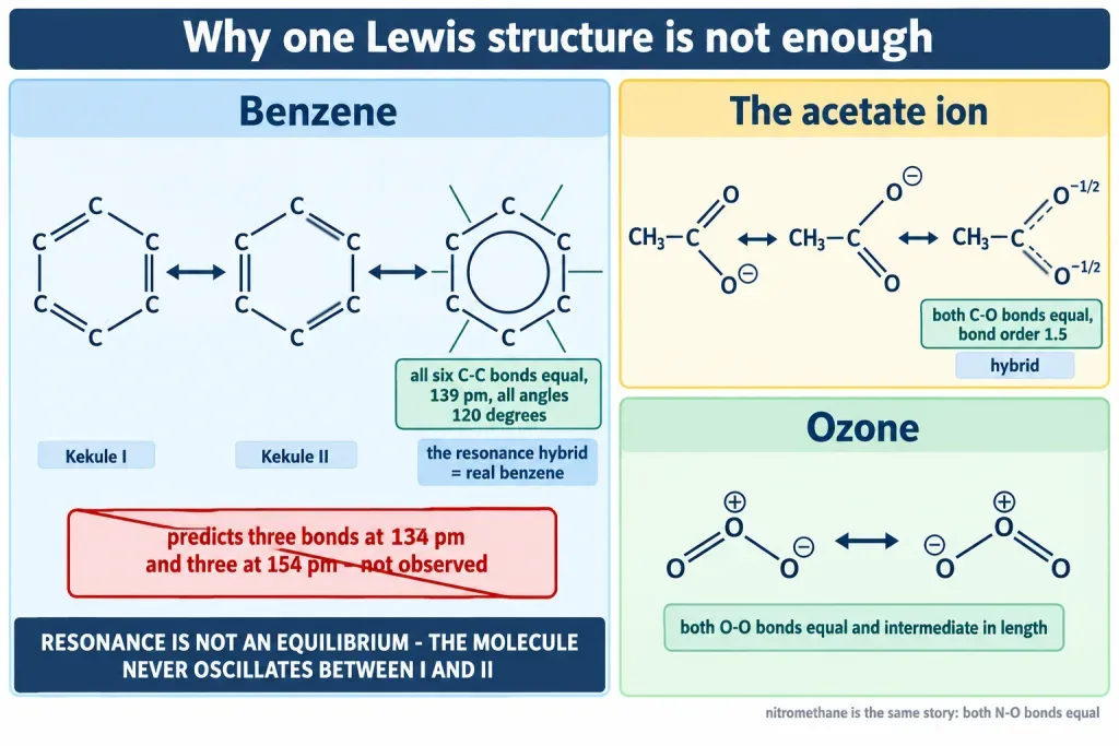 Benzene Kekule structures carboxylate and ozone showing why one Lewis structure fails