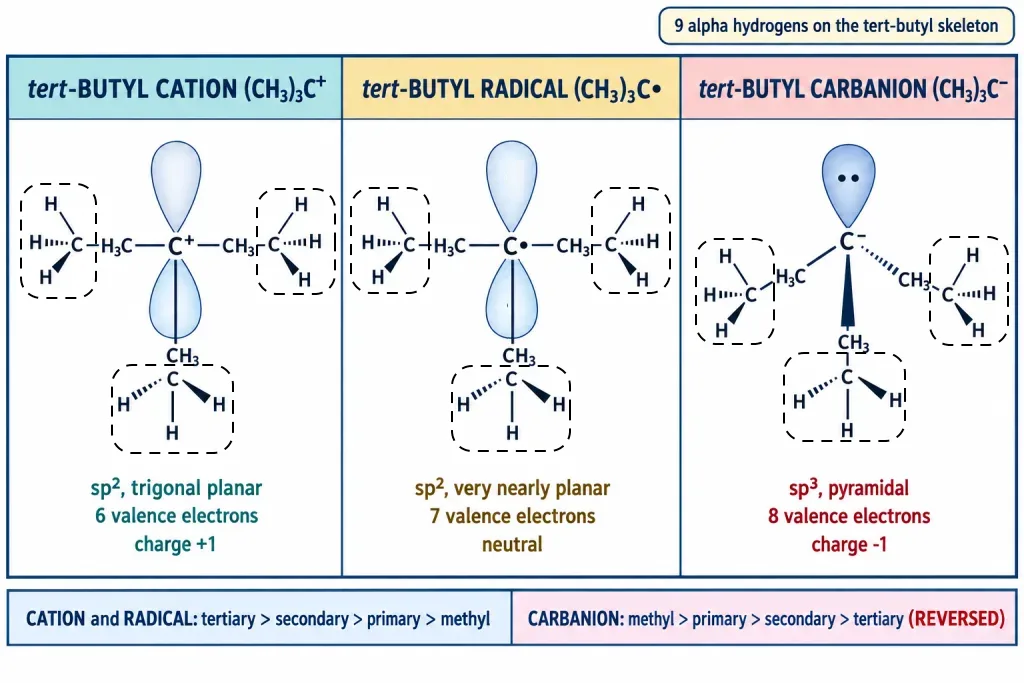 Tert-butyl cation radical and anion compared for shape hybridisation and electron count