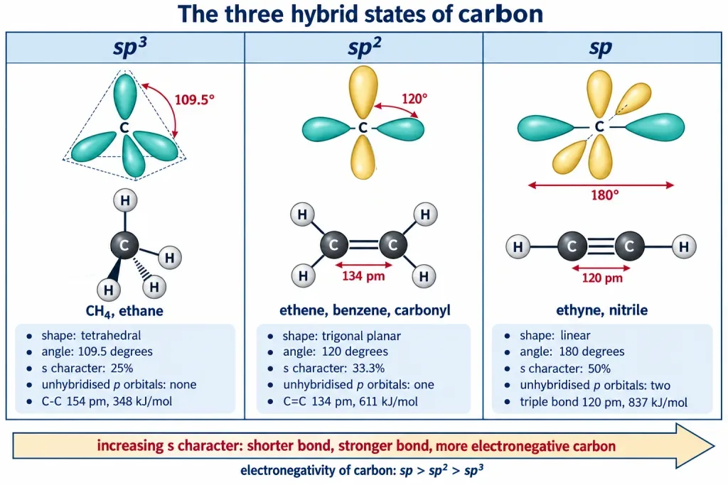 sp3 sp2 and sp carbon compared for shape bond angle and bond length