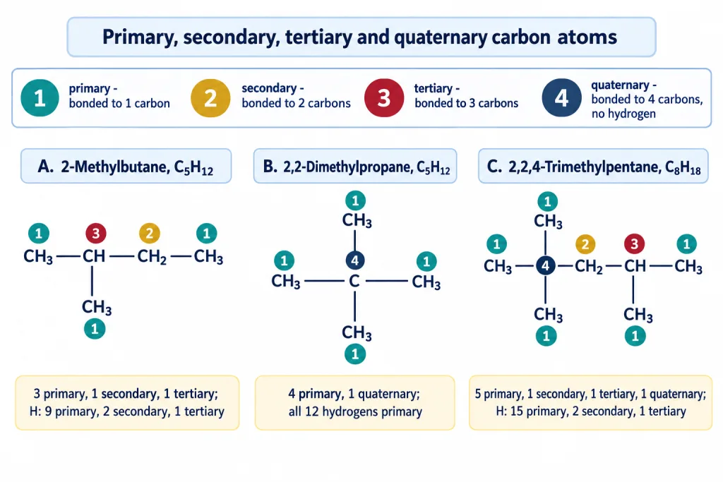 Primary secondary tertiary and quaternary carbon atoms labelled in three alkane structures
