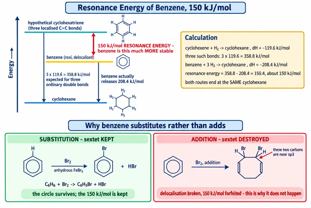 Resonance energy of benzene from heats of hydrogenation shown on an energy diagram
