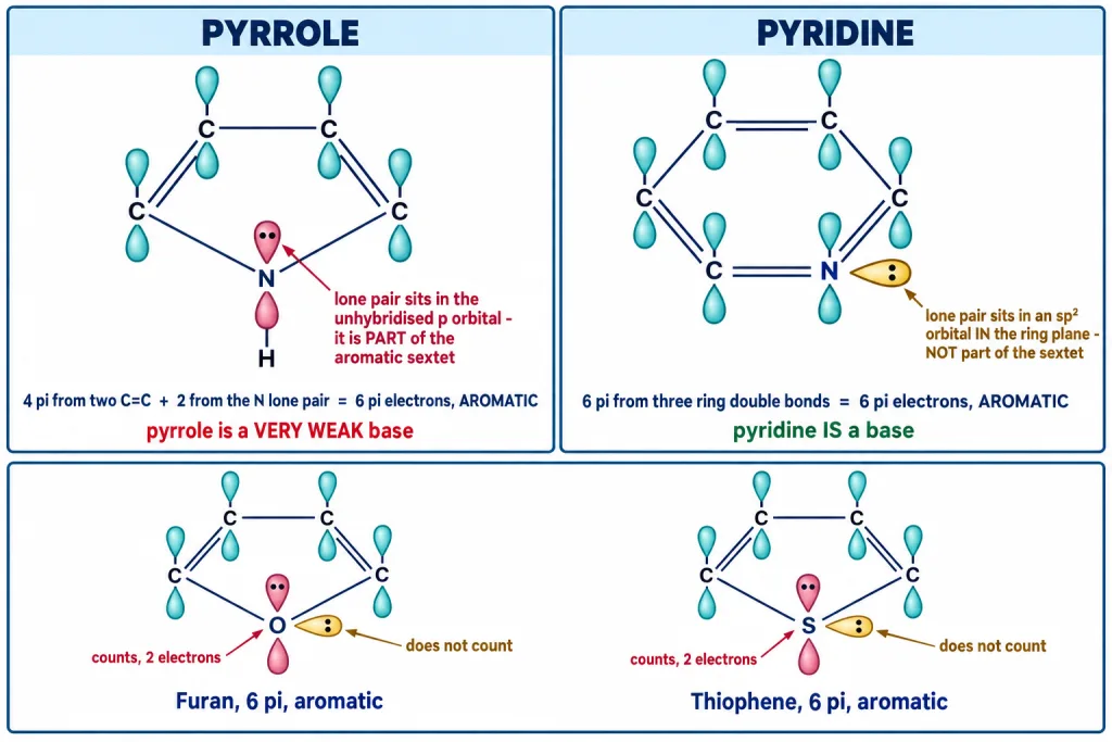 Pyrrole lone pair in p orbital compared with pyridine lone pair in ring plane