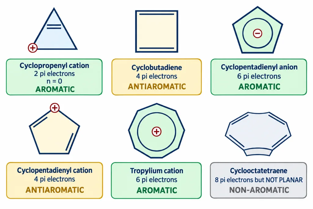 Six rings compared with pi electron counts and aromatic antiaromatic non-aromatic verdicts