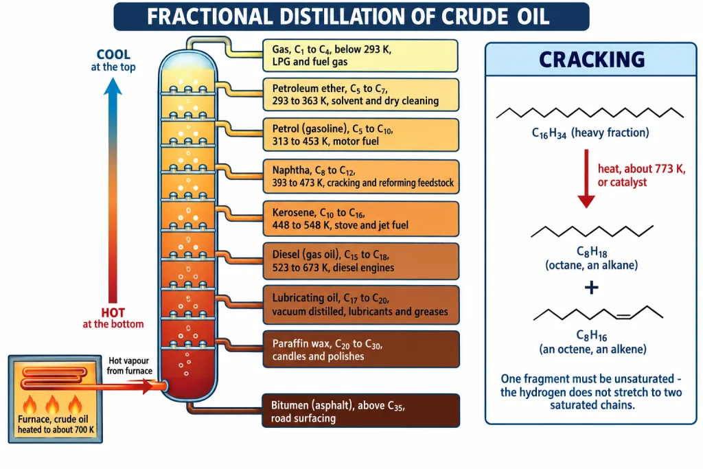 Fractionating column for crude oil showing each fraction with carbon range and use
