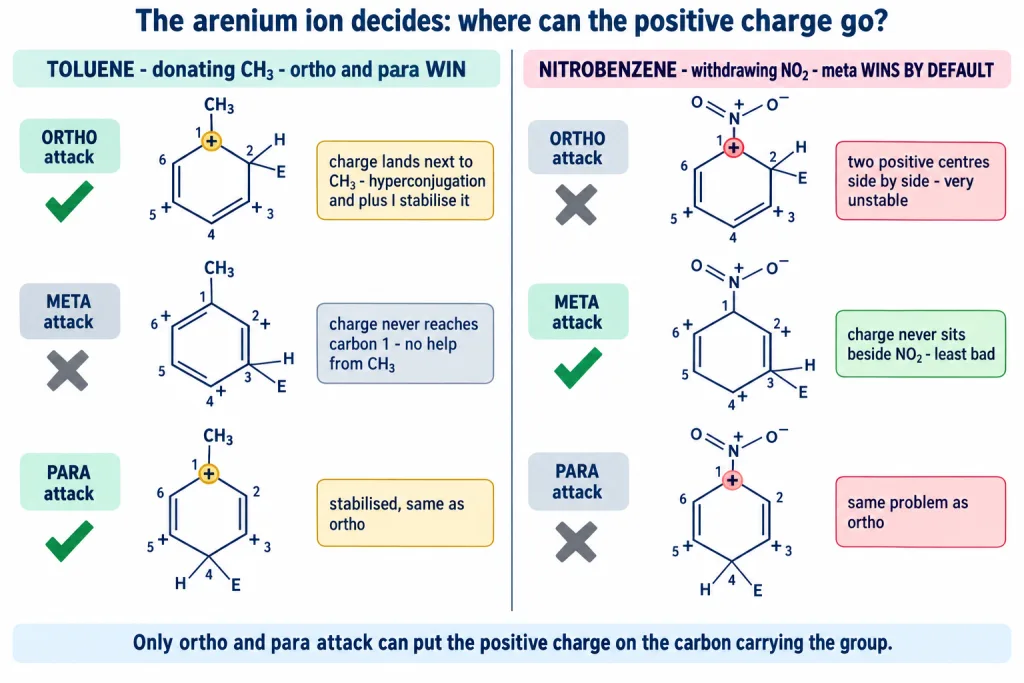 Arenium ions from ortho, meta and para attack on toluene and on nitrobenzene