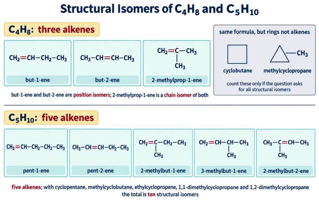 Structural isomers of C4H8 and C5H10 including the cycloalkanes that share the formula