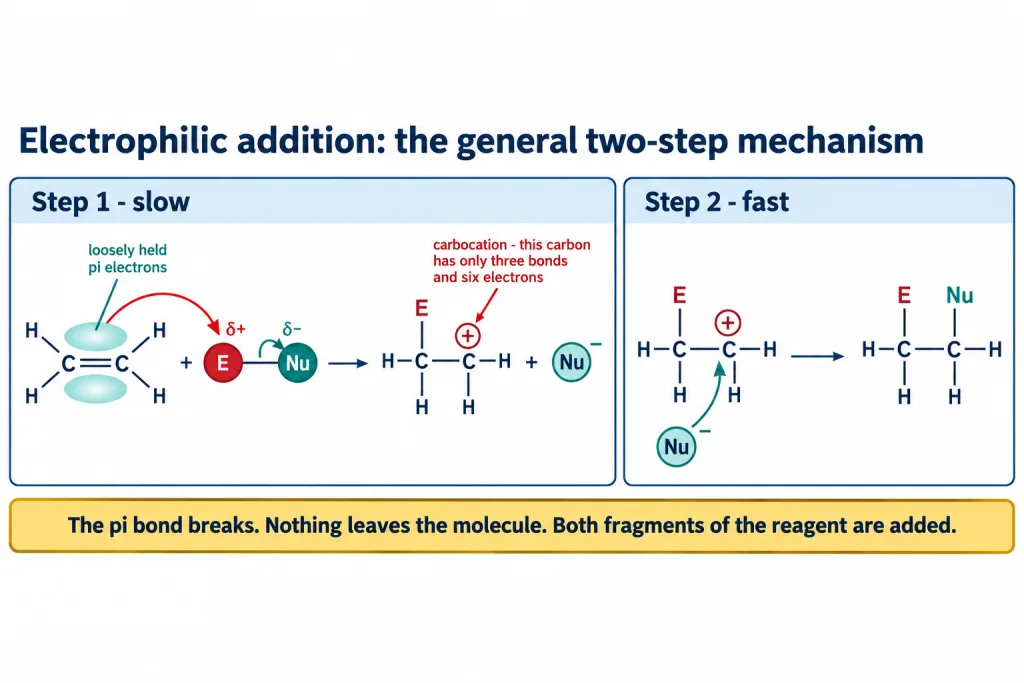General two-step electrophilic addition of an unsymmetrical reagent across a carbon-carbon double bond