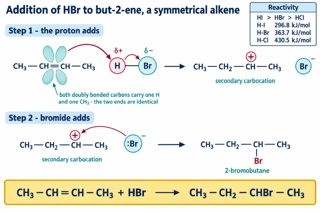 Mechanism of hydrogen bromide addition to but-2-ene through the secondary carbocation