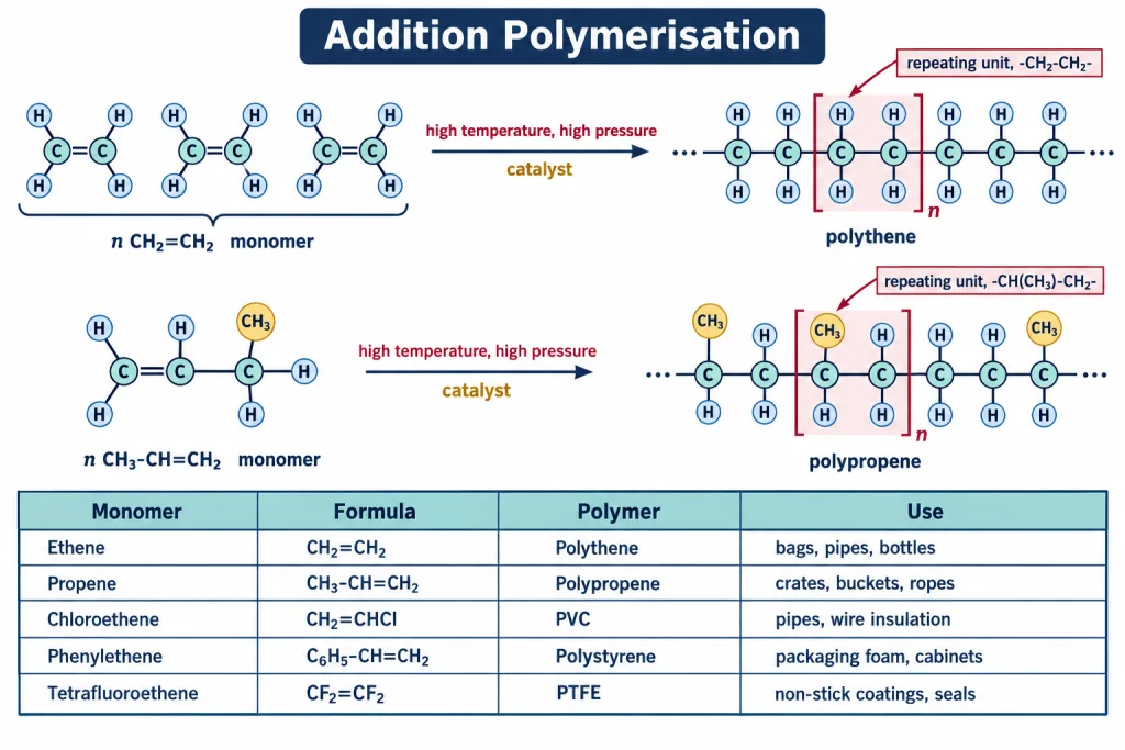 Addition polymerisation of ethene and propene with monomer and repeating unit labelled