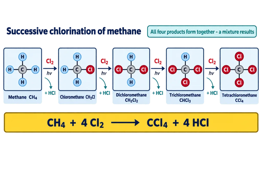 Four successive chlorination steps of methane from methane to tetrachloromethane