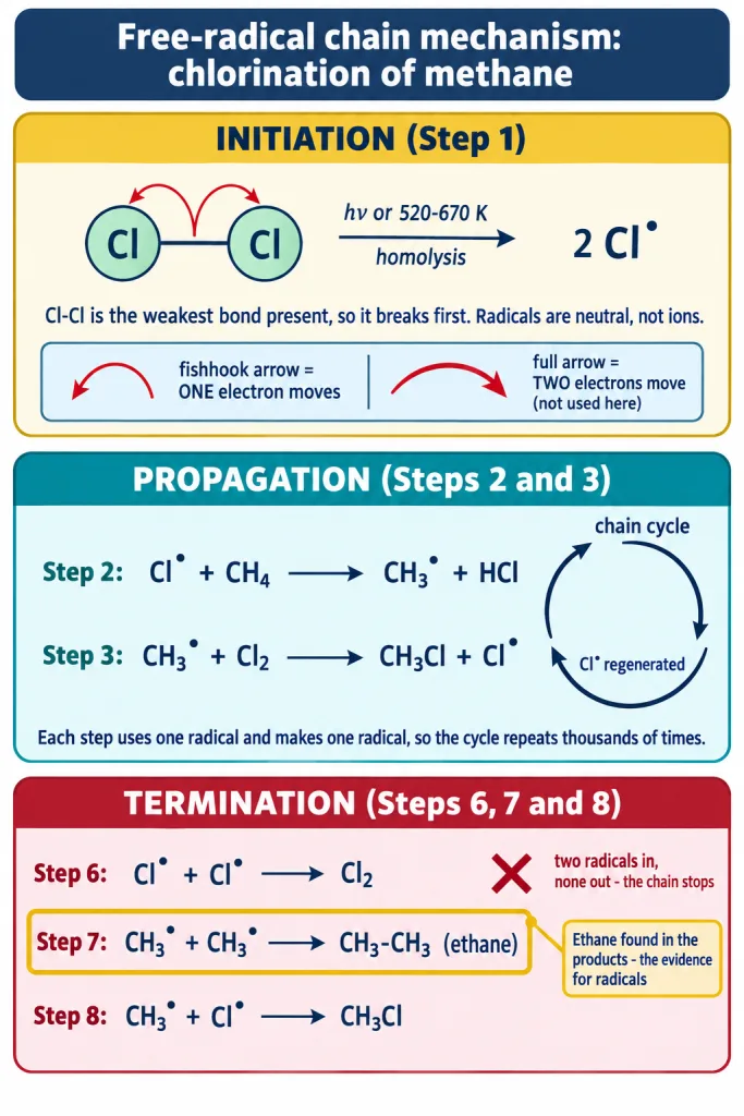 Initiation propagation and termination steps of methane chlorination with fishhook arrows