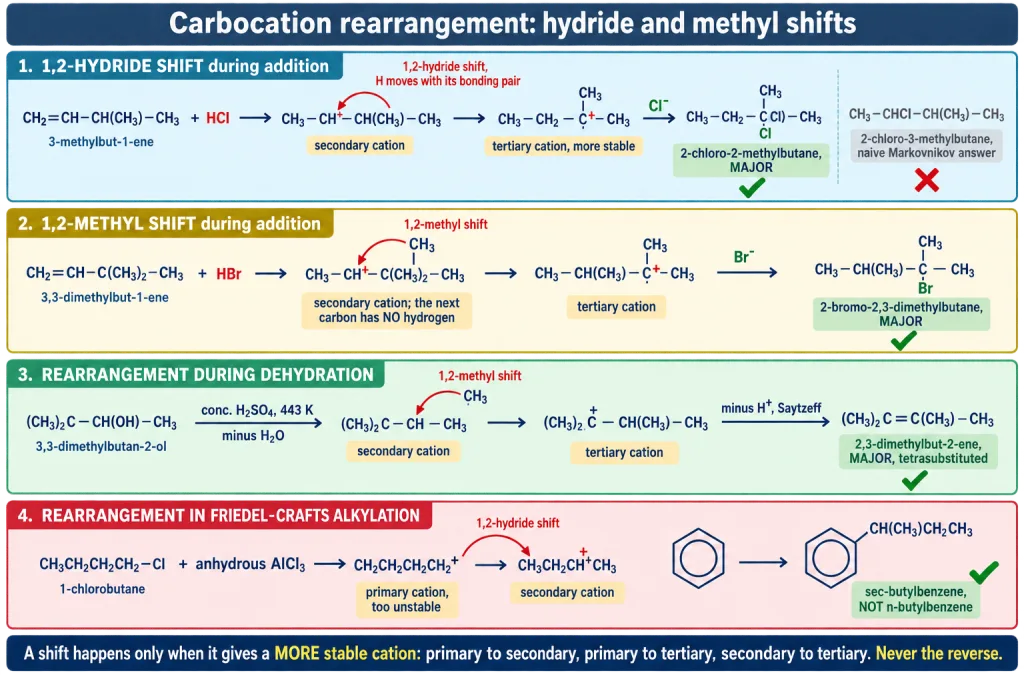 Hydride and methyl shifts in addition dehydration and Friedel-Crafts alkylation