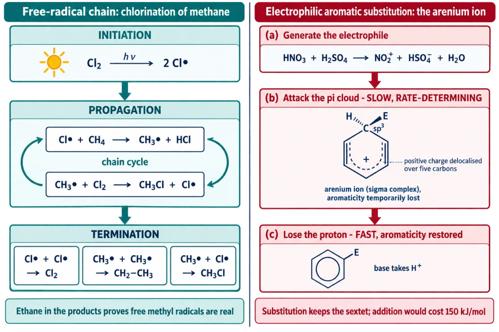 Free radical chain of methane chlorination beside the three step arenium ion mechanism