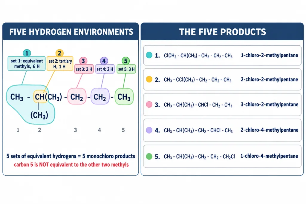Five hydrogen environments in 2-methylpentane and the five monochloro products they give