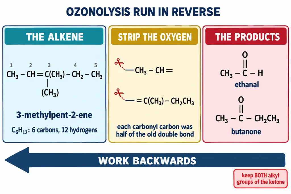 Rebuilding the alkene 3-methylpent-2-ene from ethanal and butanone by joining the carbonyl carbons